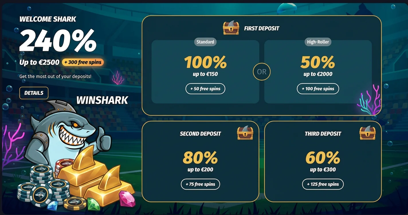 Starte bei WinShark Germany mit €2500 und 300 Freispiele